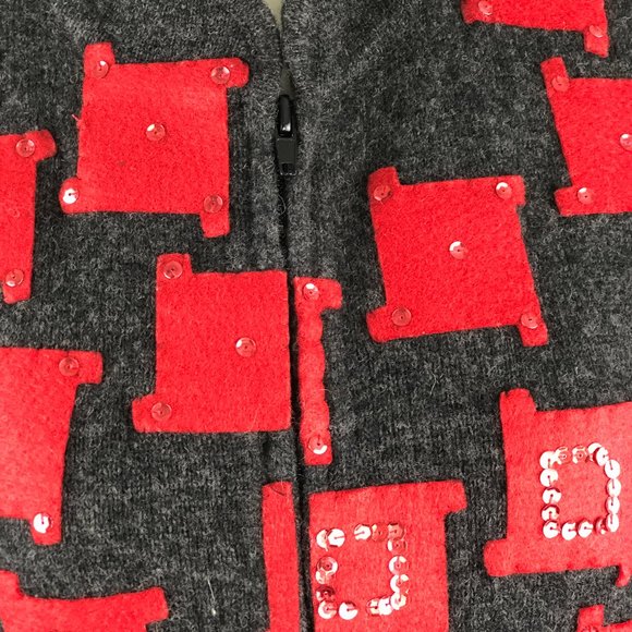 Susan Bristol 2001 Hand Embroidered Sequins Red & Gray Lambswool Front Zip Vest - Picture 9 of 15